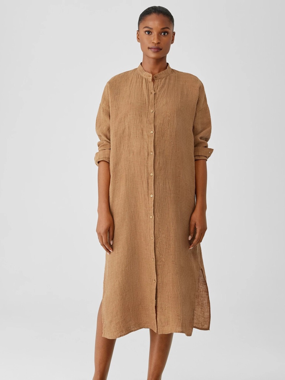 Eileen Fisher Puckered Organic Linen Long Gingham Shirtdress in Chestnut Size S